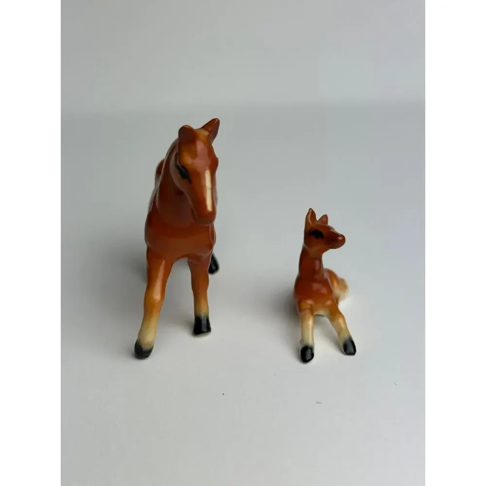 Vintage set miniature horses bone china chestnut brown figurines 1” and 2” flaw